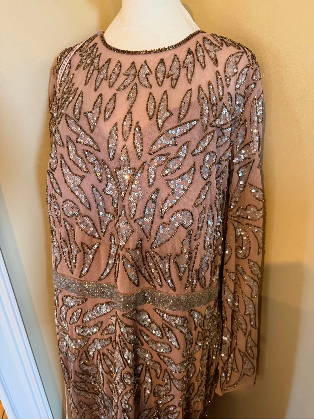 NWT Mac Duggal Size 20 Hand Beaded Sequin Cocktail MIDI Dress Long Sleeve